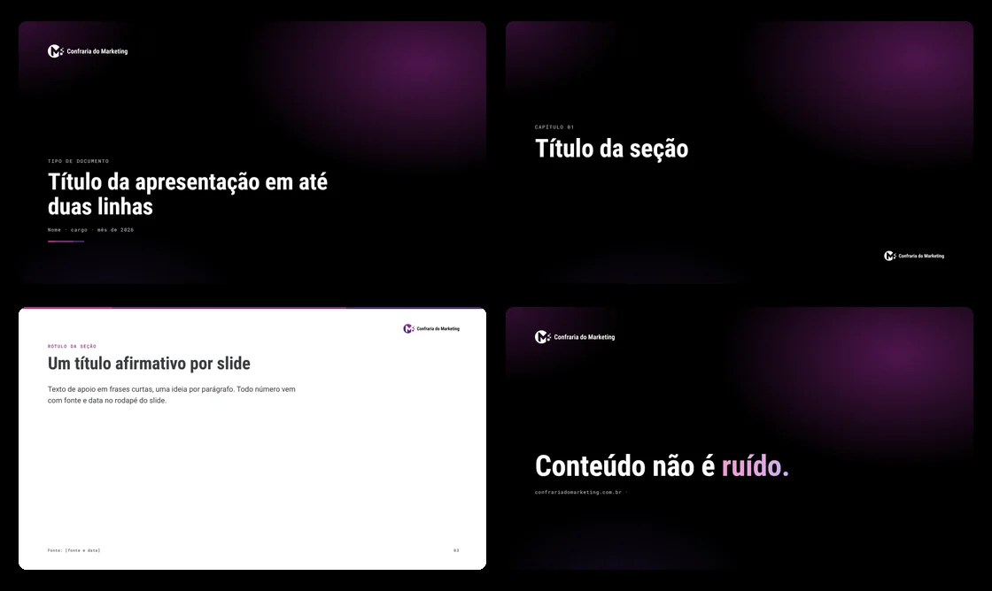 Prévia dos quatro layouts do modelo de apresentação da Confraria do Marketing