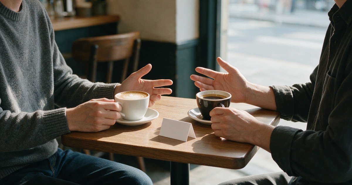 Duas pessoas conversam em uma mesa de café, com um cartão de mesa em branco entre as xícaras.