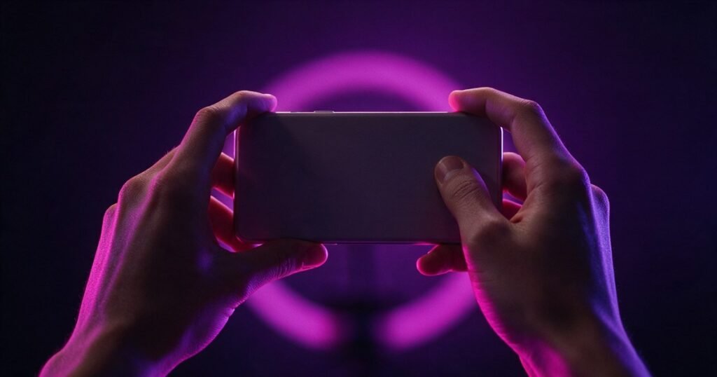 Mãos seguram um celular na horizontal, de costas para a câmera, diante de uma luz circular magenta.