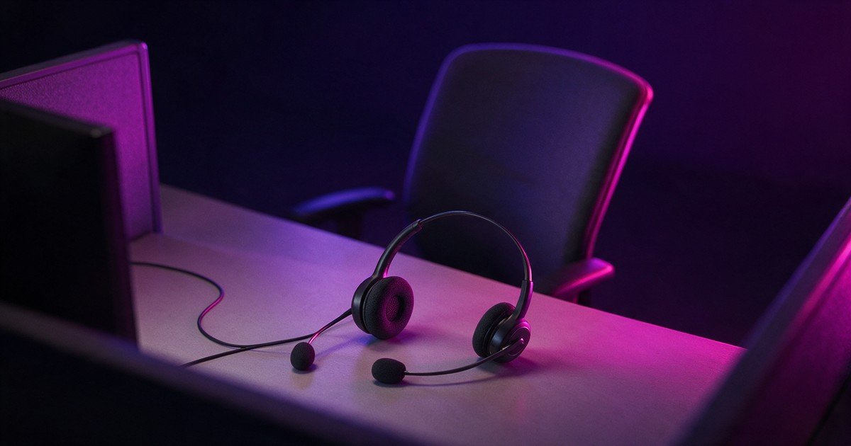 Fone de atendimento com microfone sobre uma mesa de trabalho vazia, diante de uma cadeira vazia.