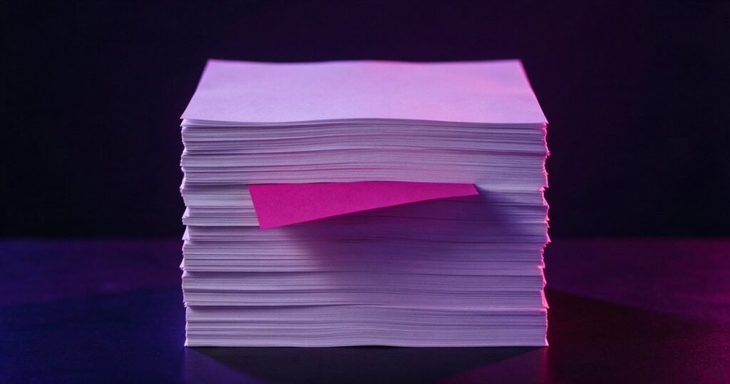Pilha de folhas em branco com uma única folha magenta no meio.