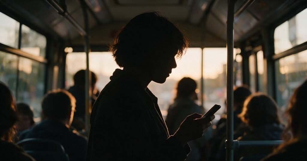 Silhueta de uma pessoa olhando o celular dentro de um ônibus lotado, no fim da tarde.