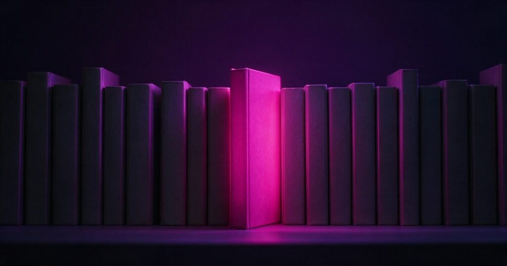 Fileira de livros escuros sem título com um único livro magenta em destaque.