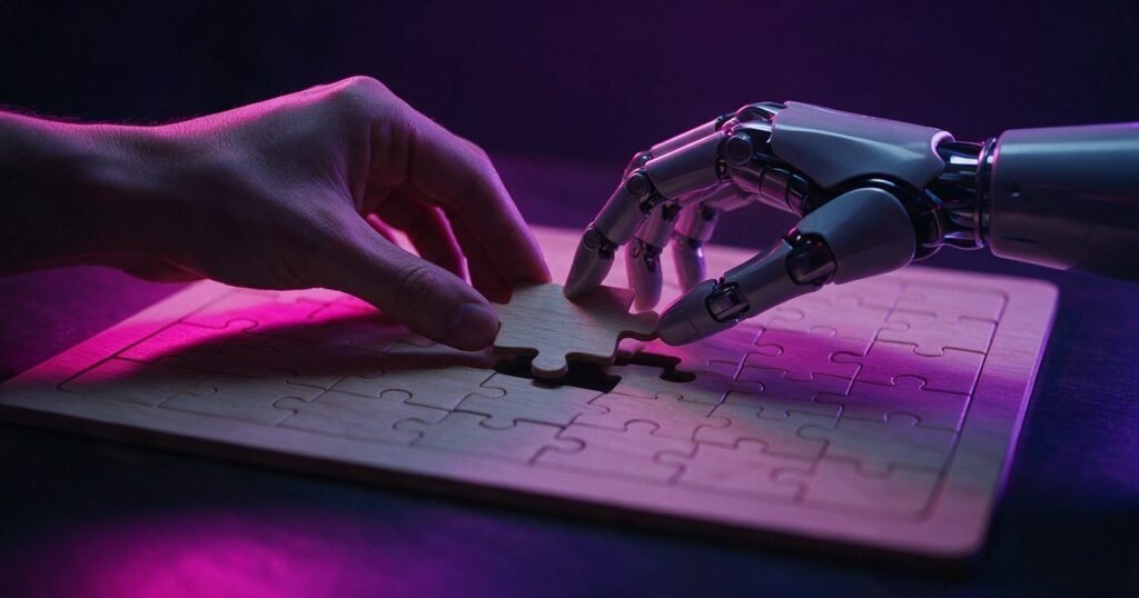Mão humana e mão robótica encaixam a mesma peça em um quebra-cabeça em branco.