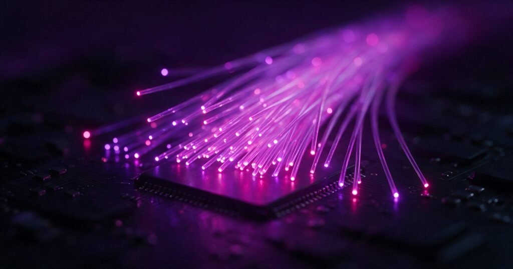 Feixe de fibras ópticas com as pontas acesas em magenta sobre uma placa de circuito.