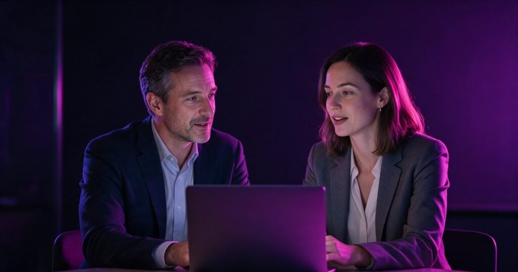Homem e mulher sentados lado a lado conversam diante de um notebook.