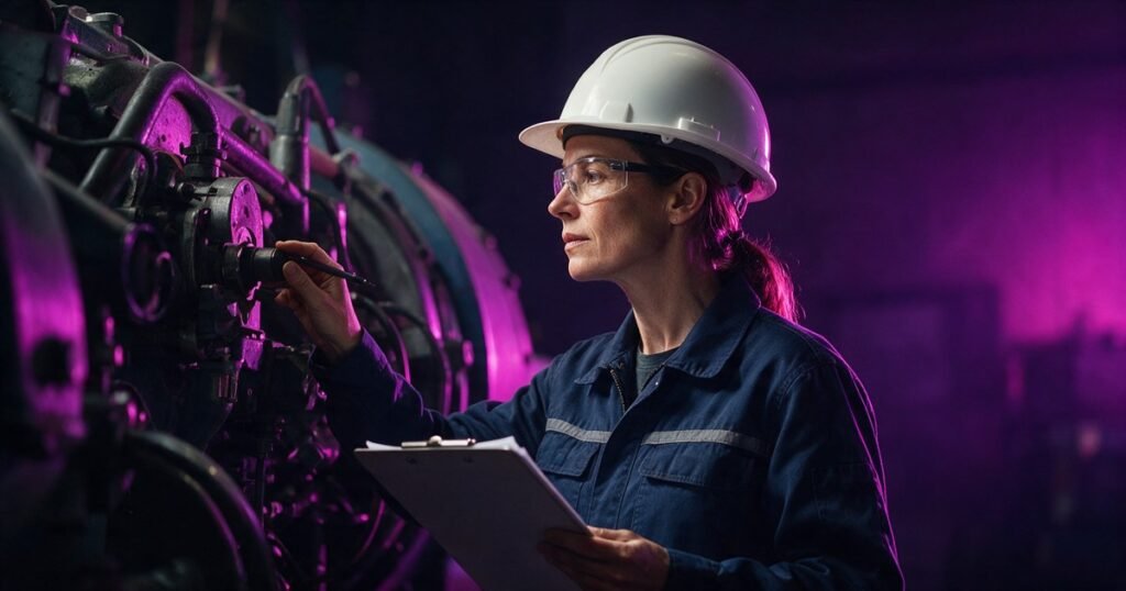 Mulher de capacete e óculos de proteção ajusta uma máquina industrial, com uma prancheta na outra mão.
