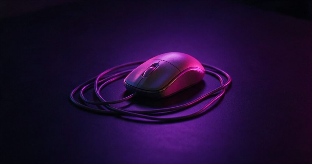 Mouse de computador sozinho sobre uma mesa escura, com o cabo enrolado em volta.