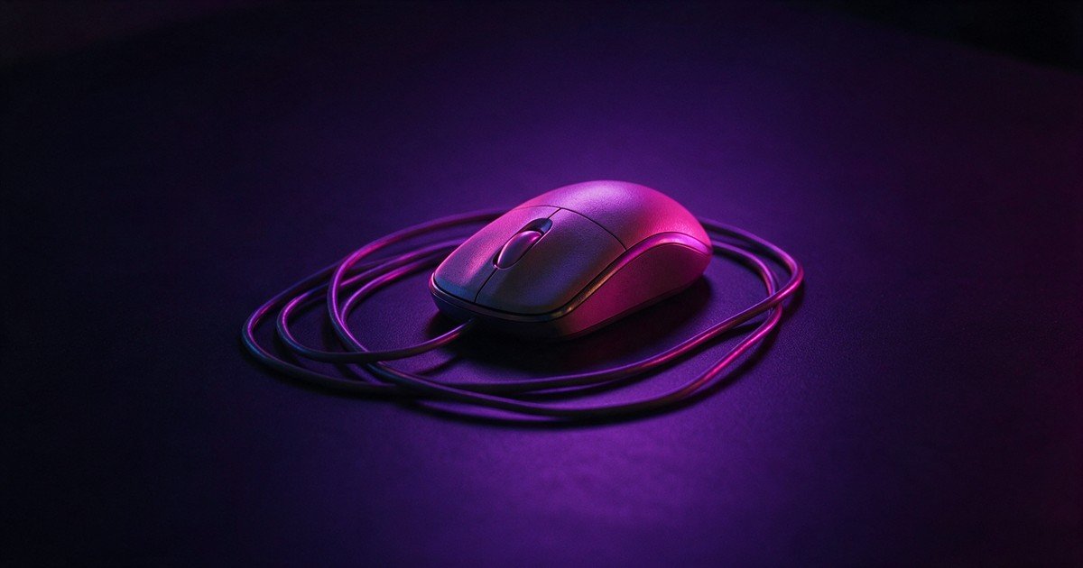 Mouse de computador sozinho sobre uma mesa escura, com o cabo enrolado em volta.