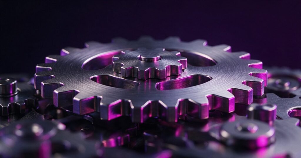 Engrenagens de metal encaixadas, com reflexos roxos e magenta.