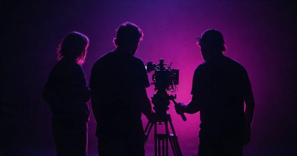 Silhuetas de três pessoas de uma equipe de filmagem ao redor de uma câmera de cinema, contra um fundo magenta.