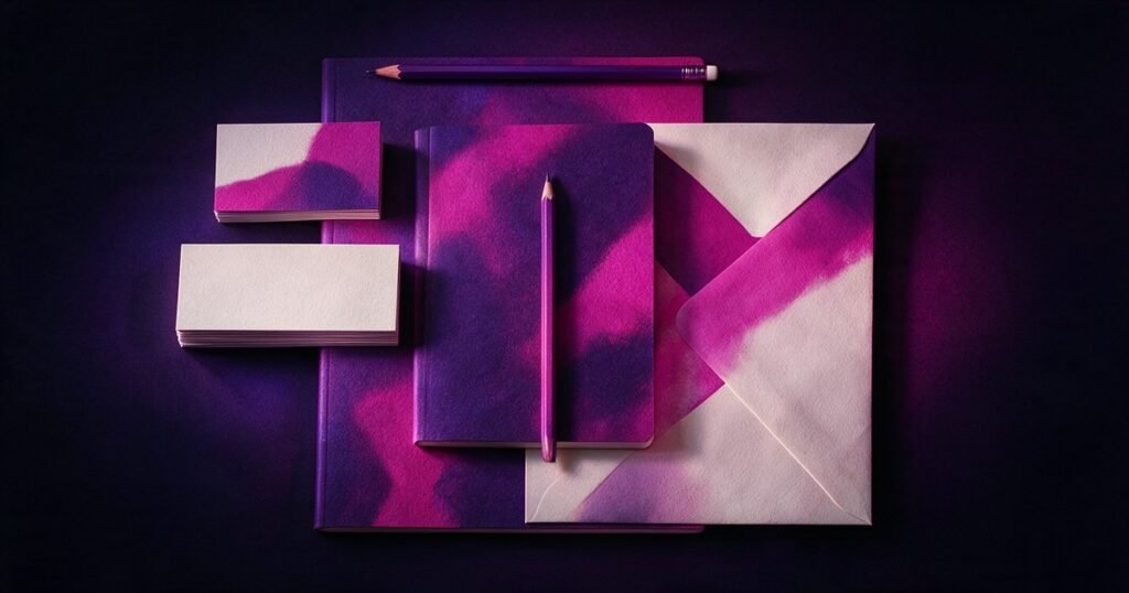 Papelaria sem marca vista de cima: caderno, envelope, cartões e lápis em roxo e magenta.