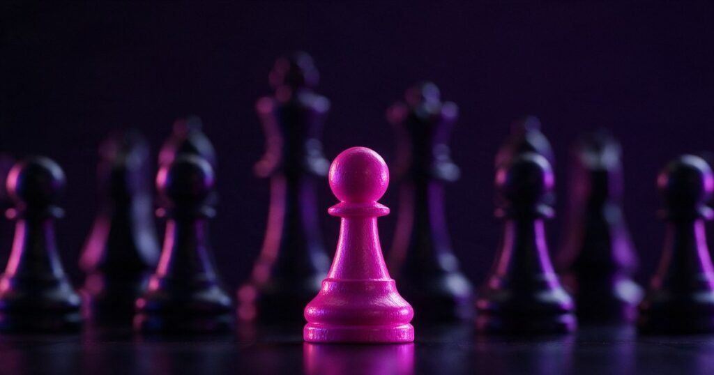 Peão de xadrez magenta em destaque à frente de peças escuras desfocadas.