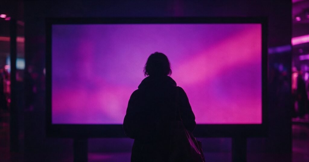 Silhueta de uma pessoa com bolsa parada diante de um painel iluminado em uma loja.