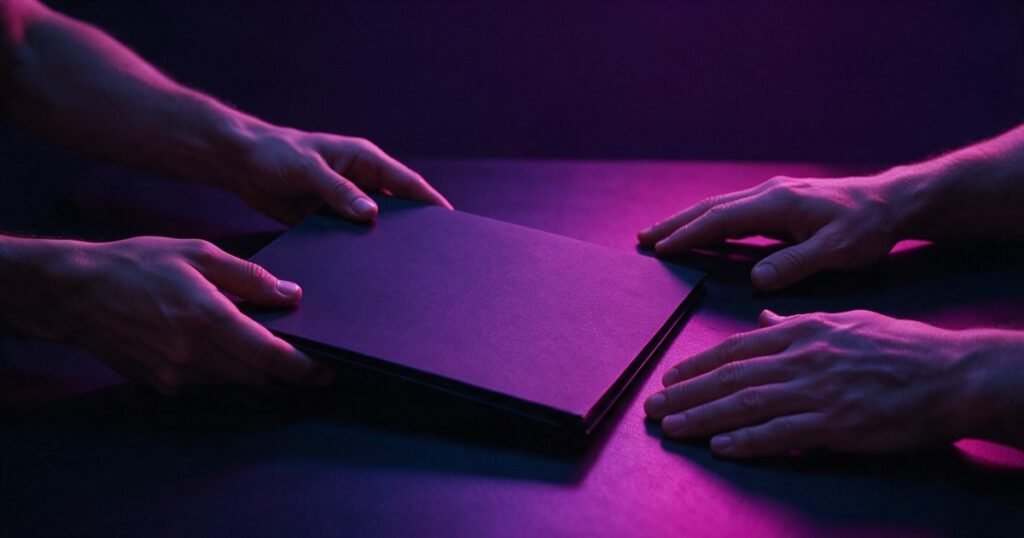 Mãos de duas pessoas seguram uma pasta escura sem marca sobre a mesa.