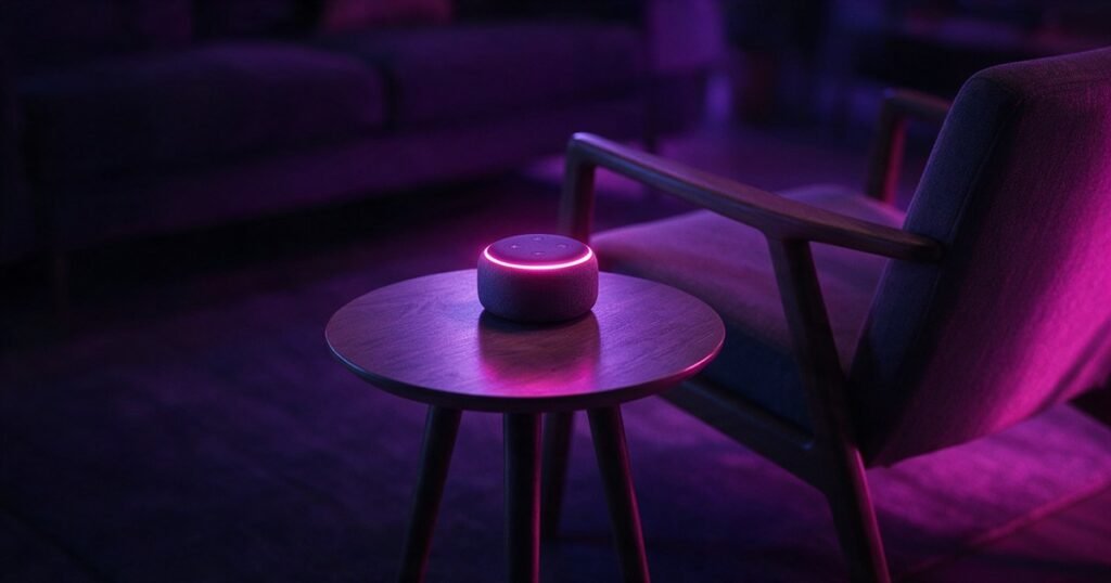 Caixa de som inteligente acesa sobre uma mesa lateral, ao lado de uma poltrona vazia.