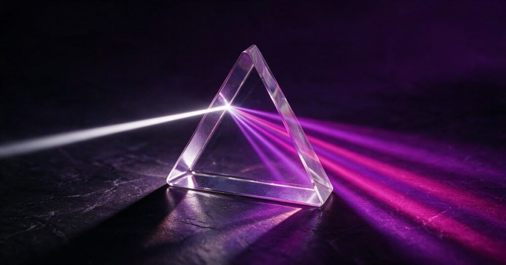 Prisma de vidro divide um feixe de luz branca em vários raios roxos e magenta.