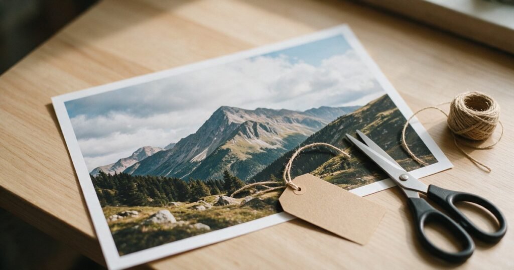 Foto impressa de uma paisagem de montanha sobre uma mesa, com uma etiqueta de papel em branco amarrada no canto.