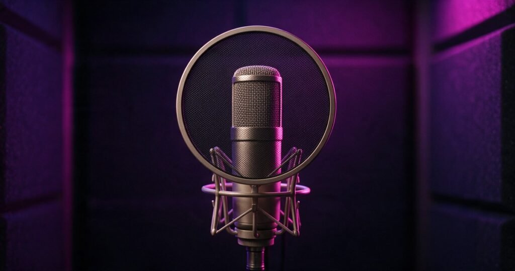 Microfone de estúdio com filtro circular em uma cabine com espuma acústica.