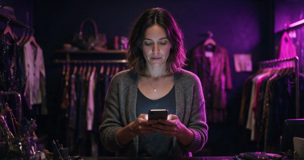 Mulher digita no celular dentro de uma loja de roupas.